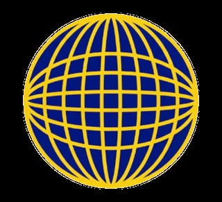 Yellow and blue globe icon with latitude and longitude grid lines on black background