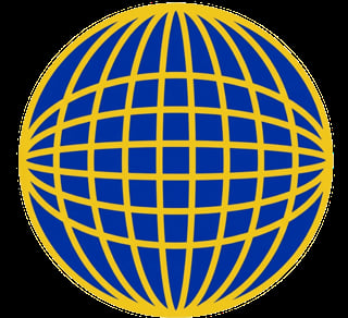 Blue and yellow globe with latitude and longitude grid lines forming a spherical map projection