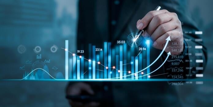 Hand pointing to upward trending arrow on digital holographic display with blue financial charts and data graphs